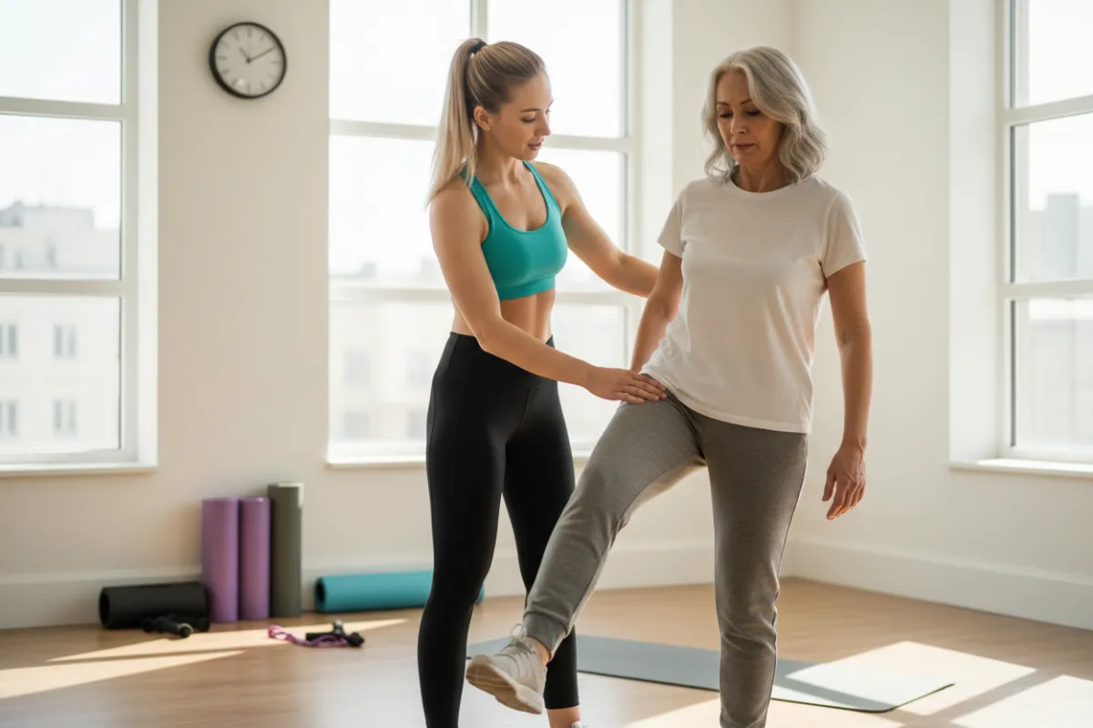 מאמנת כושר מדריכה מתאמנת עם כאב ברך