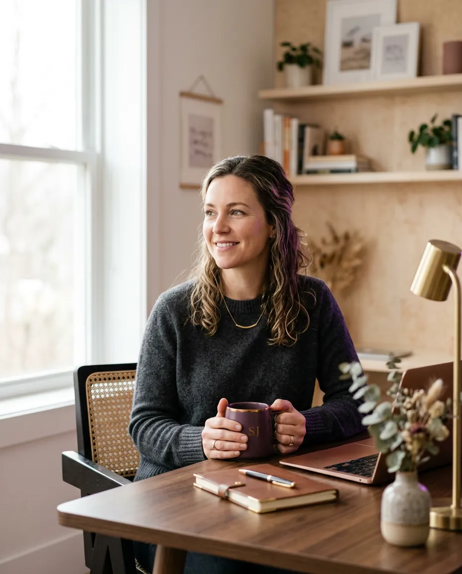 Relaxed business owner drinking coffee in a sunlit modern workspace while their social media stays active