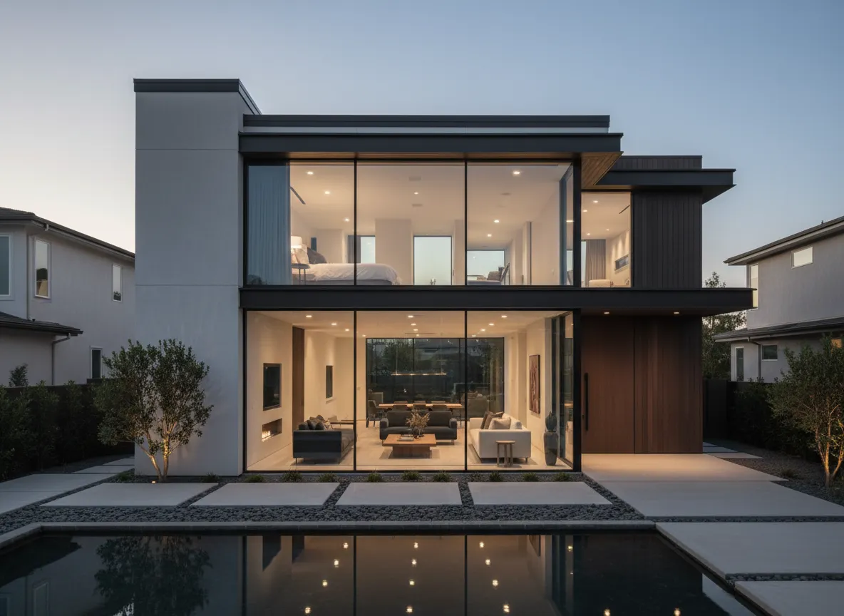 Modern two-story home with floor-to-ceiling windows and open concept living