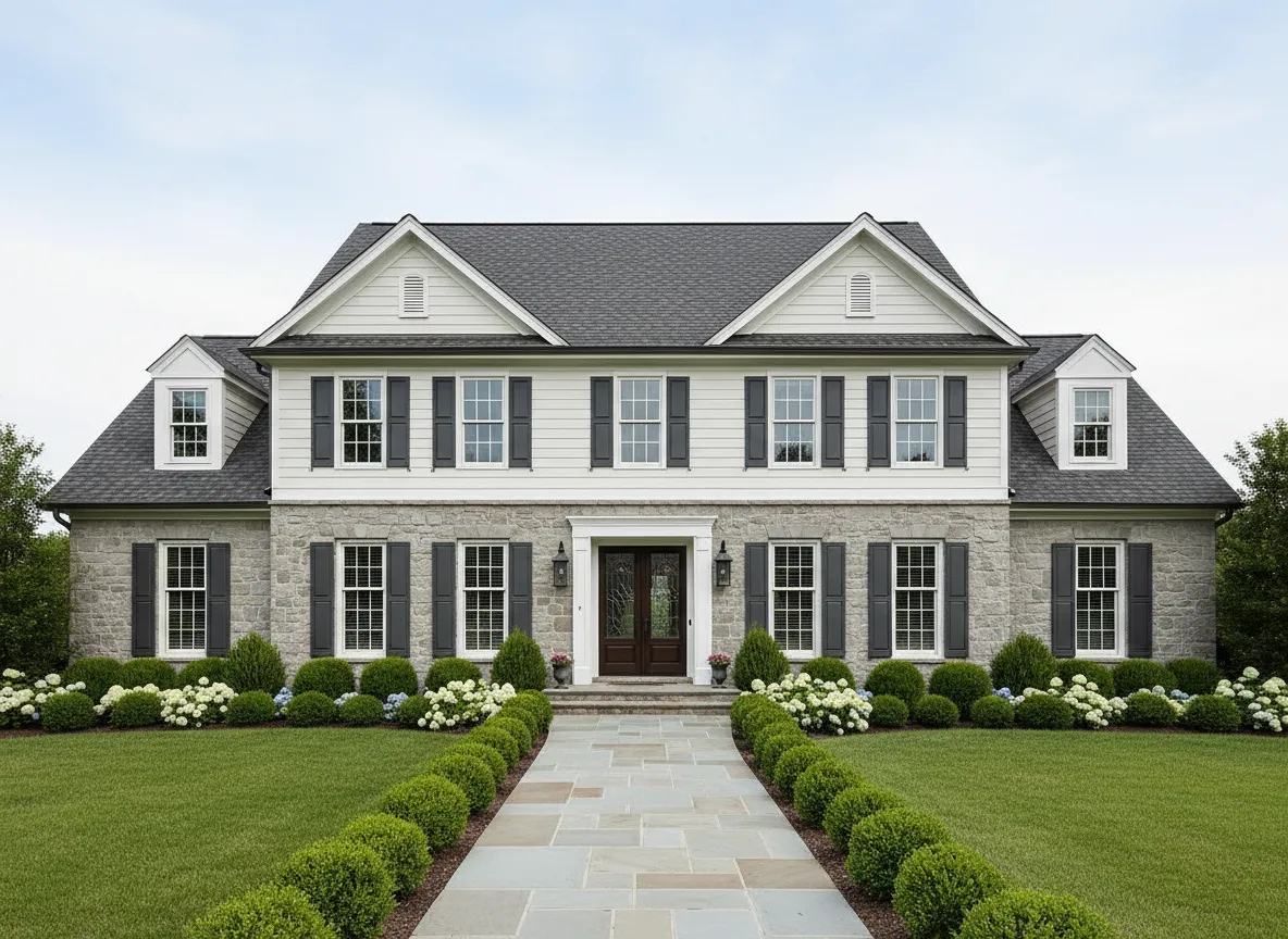 Elegant two-story traditional home with landscaped yard and stone accents