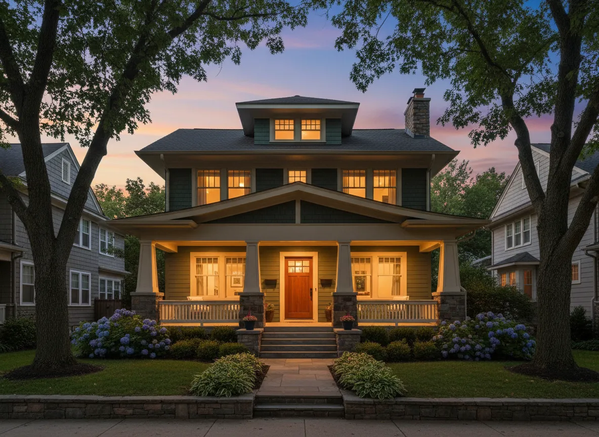 Two-story craftsman home with welcoming front porch and warm exterior lighting