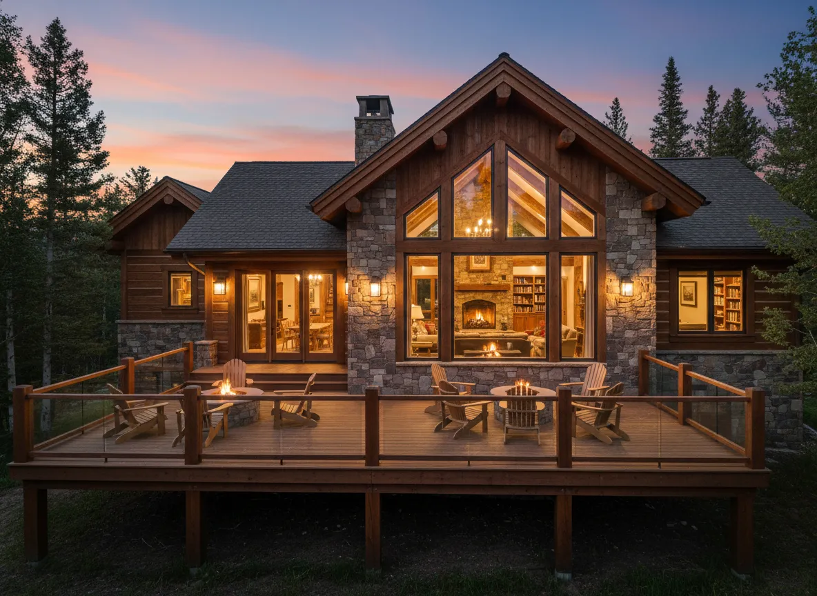 Warm wood and stone mountain home with large windows at dusk