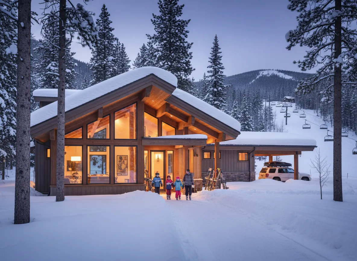 Modern cabin-style custom home exterior in snowy Utah mountains