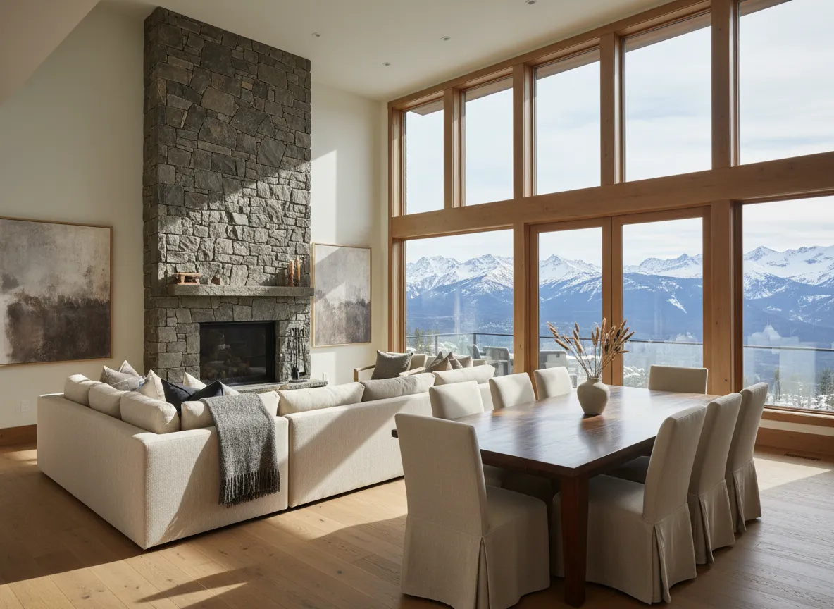 Light-filled great room interior with fireplace and mountain view windows