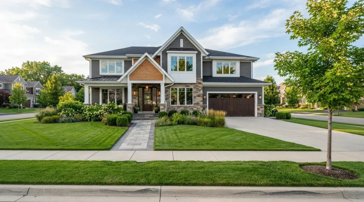 Large suburban two-story house with a manicured lawn