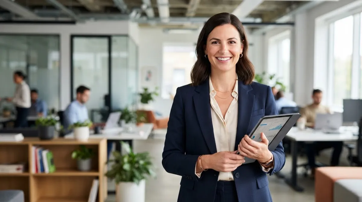 Professional woman in a dark blazer smiling and holding a tablet in a modern office environment