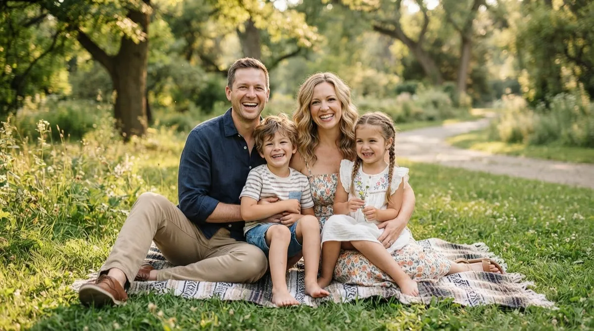 Smiling family with a father, mother, and two children sitting together outdoors