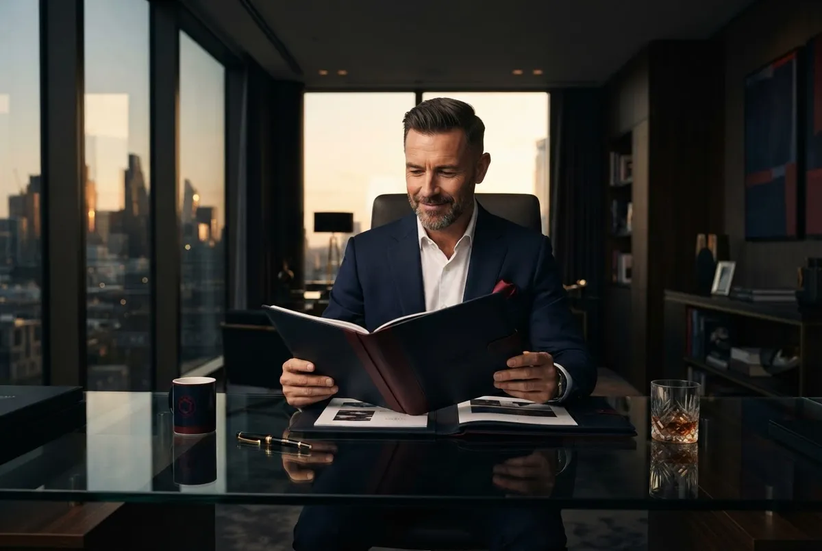Farmers District 12 agency owner reviewing equity portfolio in modern executive suite