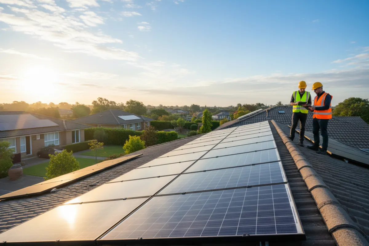 Wide landscape of a clean rooftop solar array in warm morning light, technicians in safety vests reviewing a tablet nearby