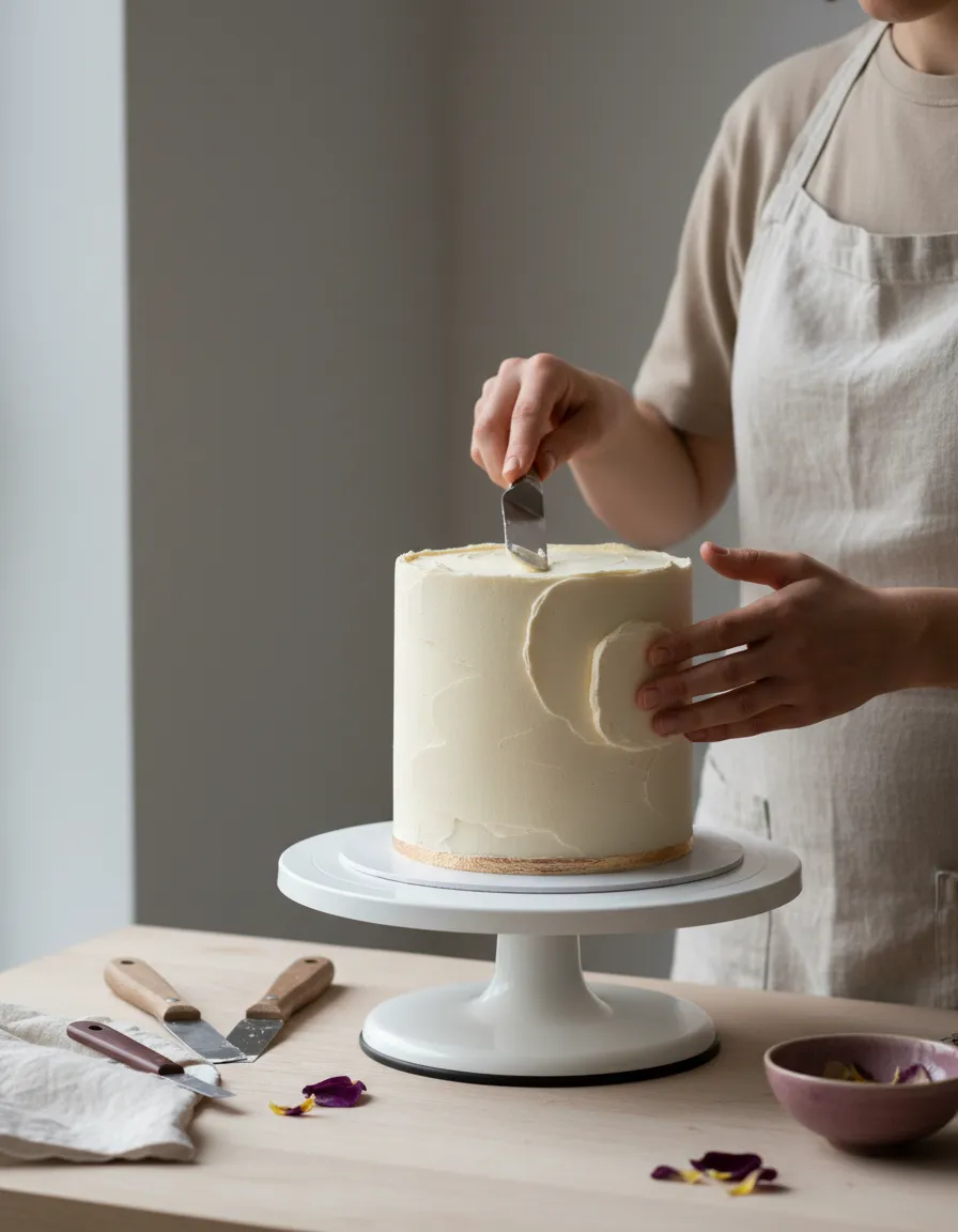 Cake artist smoothing frosting on a tiered cake in a studio