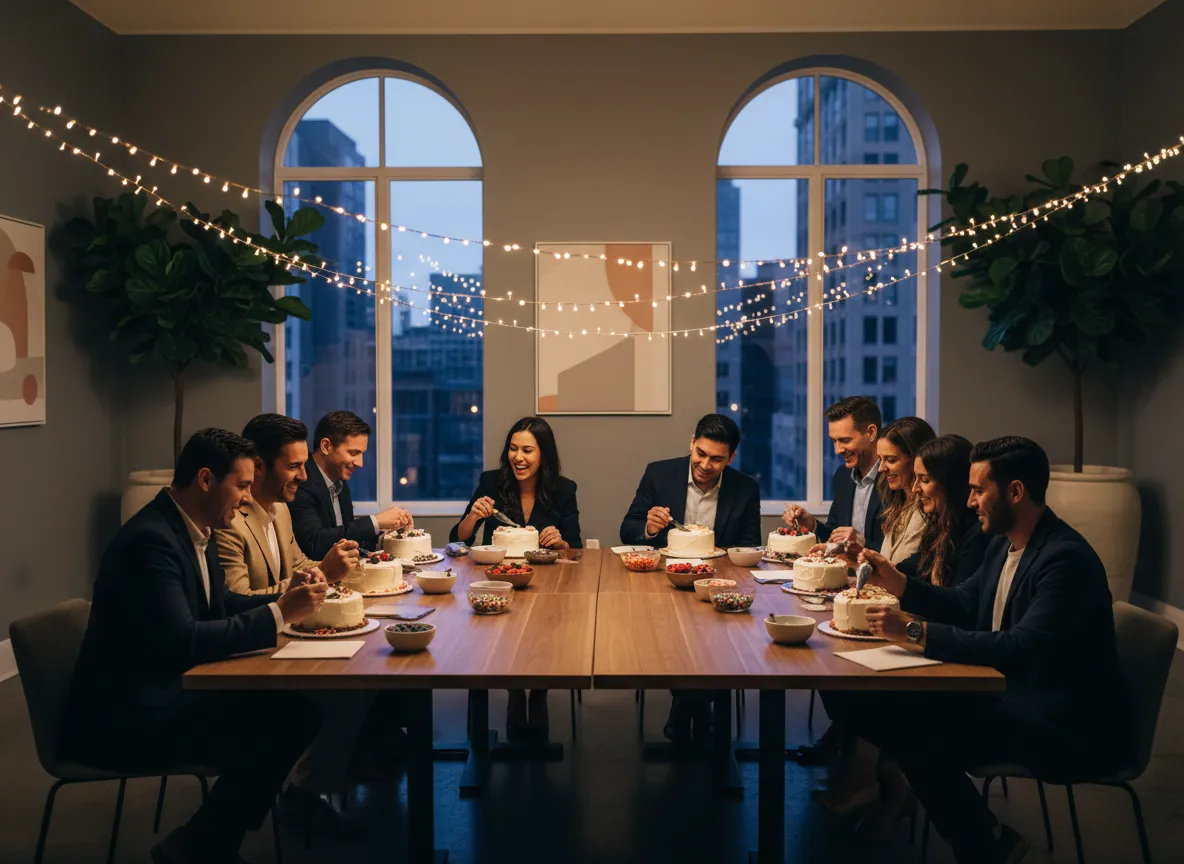 Corporate team members decorating cakes together and celebrating