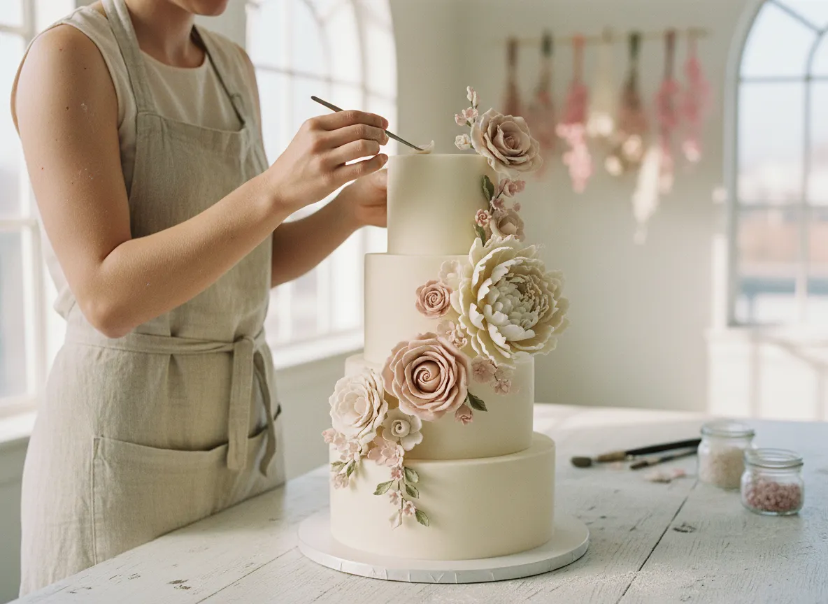 Cake artist decorating a tiered wedding cake with sugar flowers