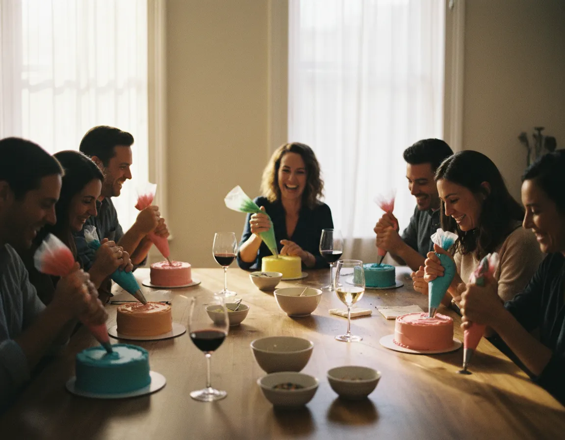 Guests smiling while decorating cakes at a Cake n Sip event