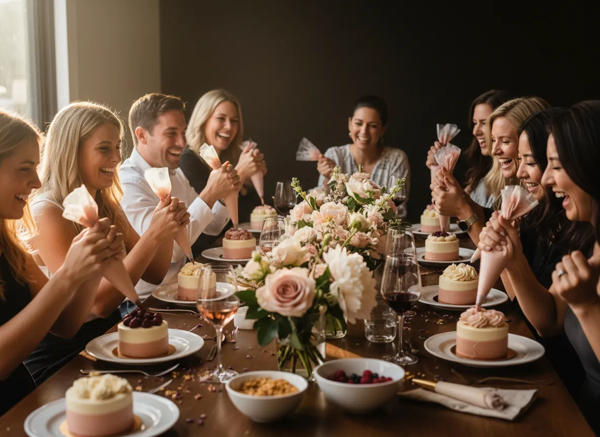 Guests decorating elegant cakes during a Cake n Sip private event