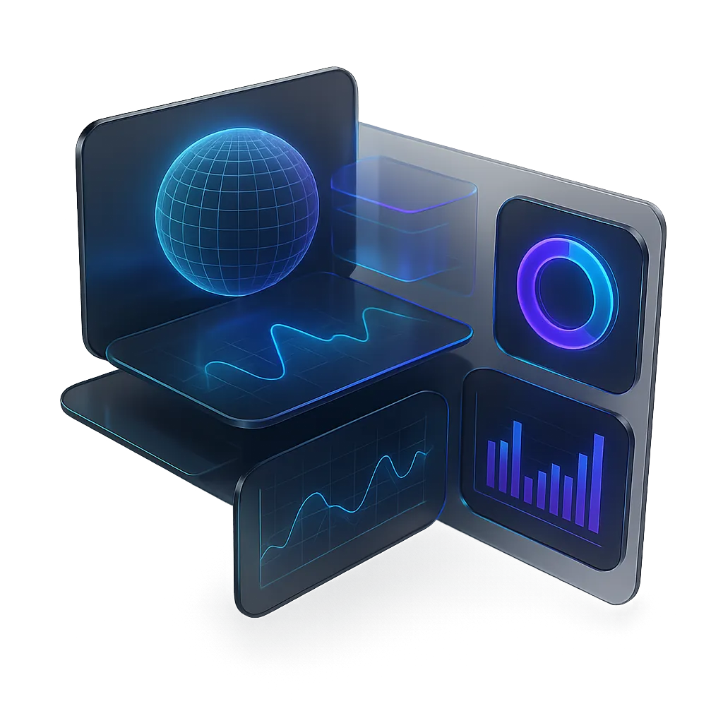 Floating dashboard showing real-time growth metrics and AI workflows
