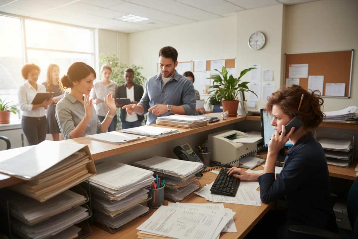 A bustling small business front desk with paperwork, ringing phones, and a stressed receptionist juggling multiple tasks. The environment is lively but chaotic, with customers waiting and a sense of urgency in the air. The style is realistic and detailed.