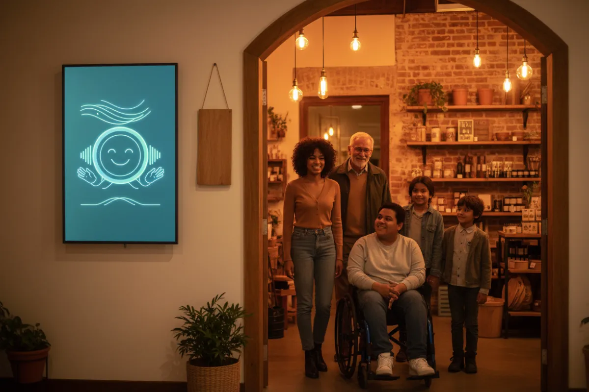 A cheerful digital assistant avatar on a wall-mounted screen, welcoming a diverse group of customers entering a cozy local shop. The AI display shows a friendly greeting, and the environment feels inviting and technologically advanced.