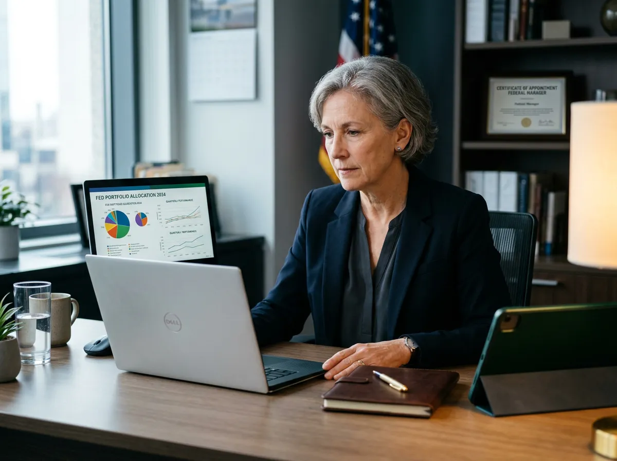 Senior federal manager reviewing portfolio asset allocation charts on laptop