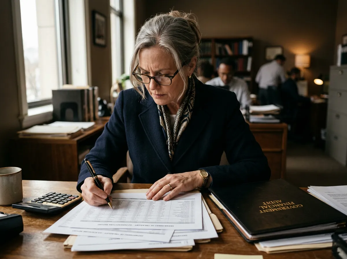 Mature government employee checking financial calculations at office desk