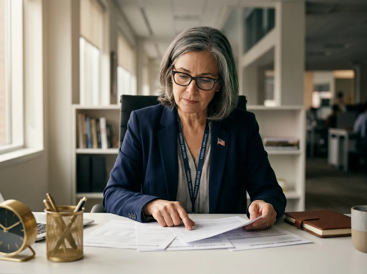 Concerned federal employee examining retirement statement documents