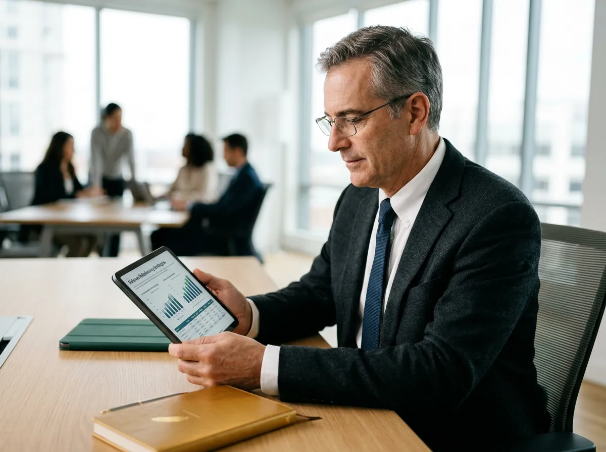 Senior federal professional reviewing balance rebalancing strategies on tablet