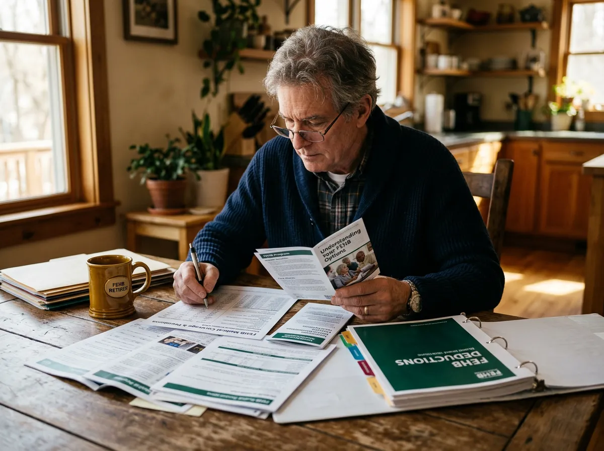 Federal retiree reviewing FEHB medical coverage and deduction papers