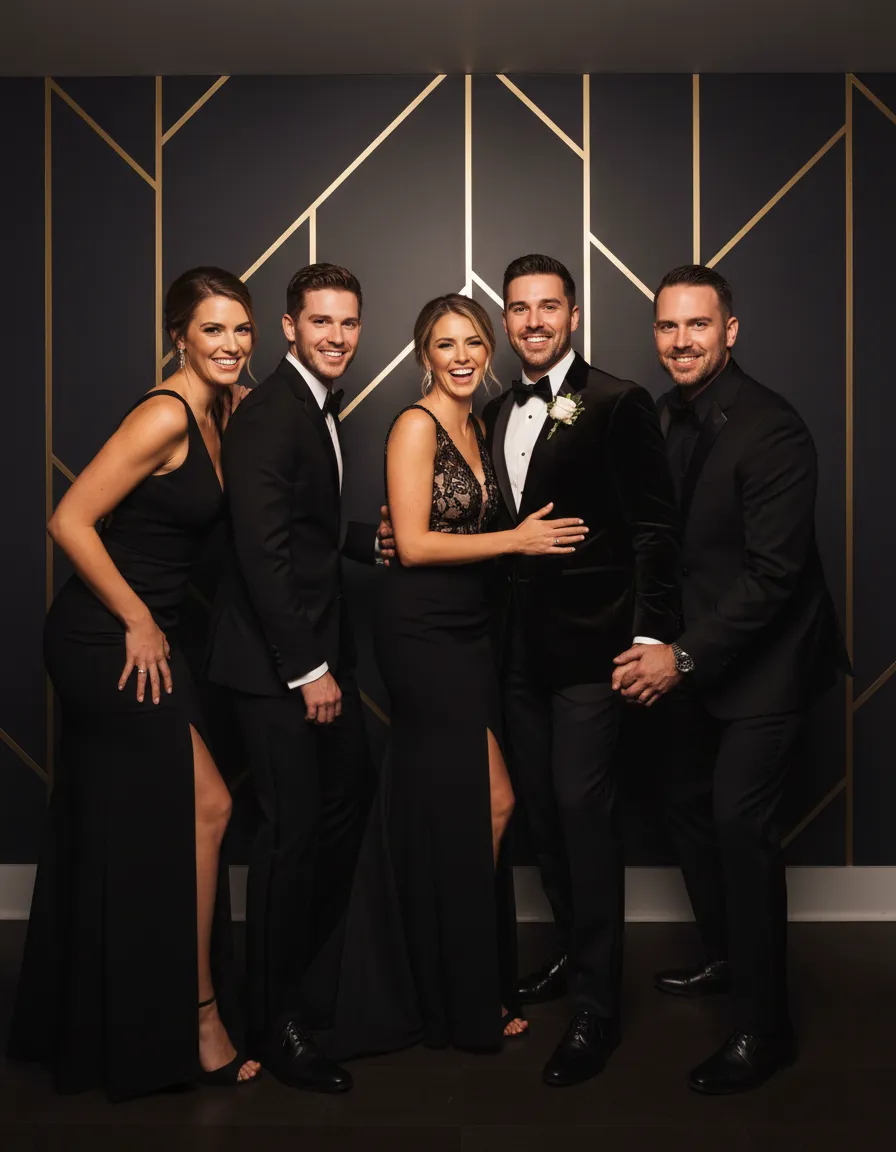 Couple and friends posing at a modern, upscale wedding photo booth.