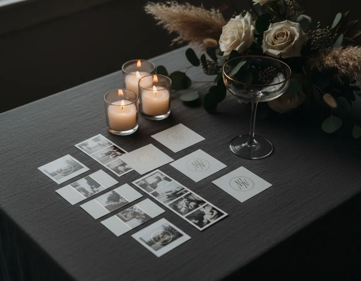 Elegant printed photo strips displayed on a reception table.
