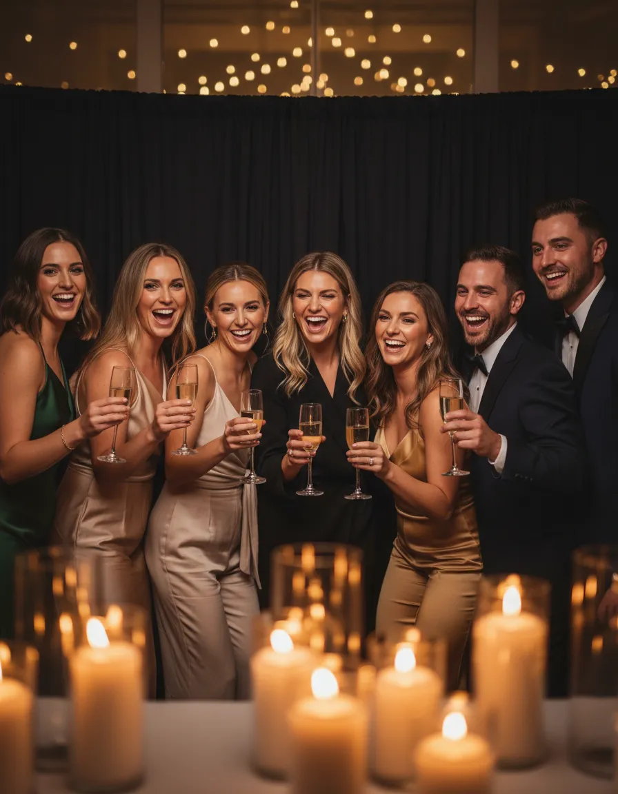Wedding guests laughing in an elegant photo booth with warm lighting.
