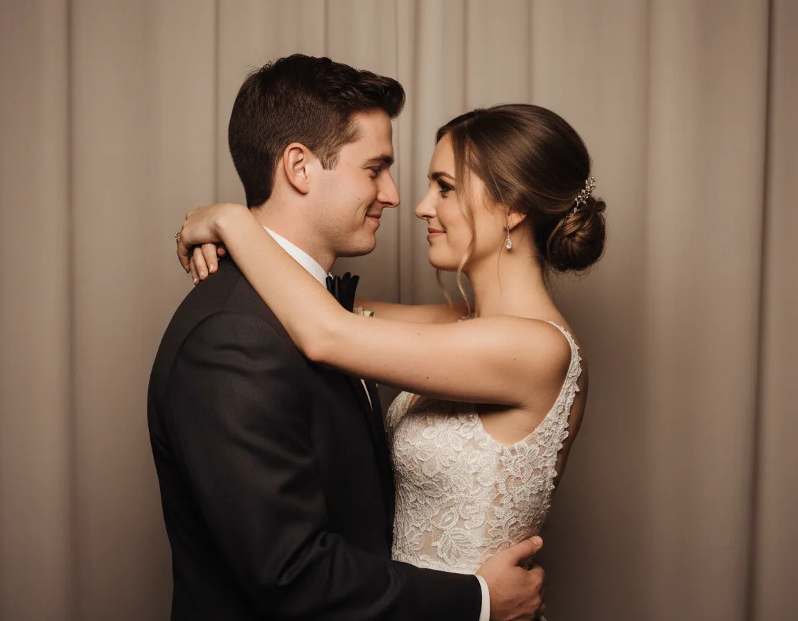 Bride and groom sharing a moment in a luxury wedding photo booth.