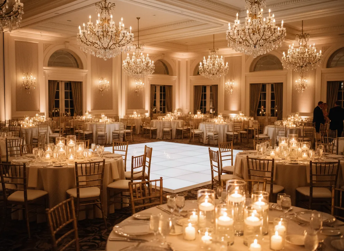 Luxury wedding reception in an elegant Georgia ballroom with warm lighting.