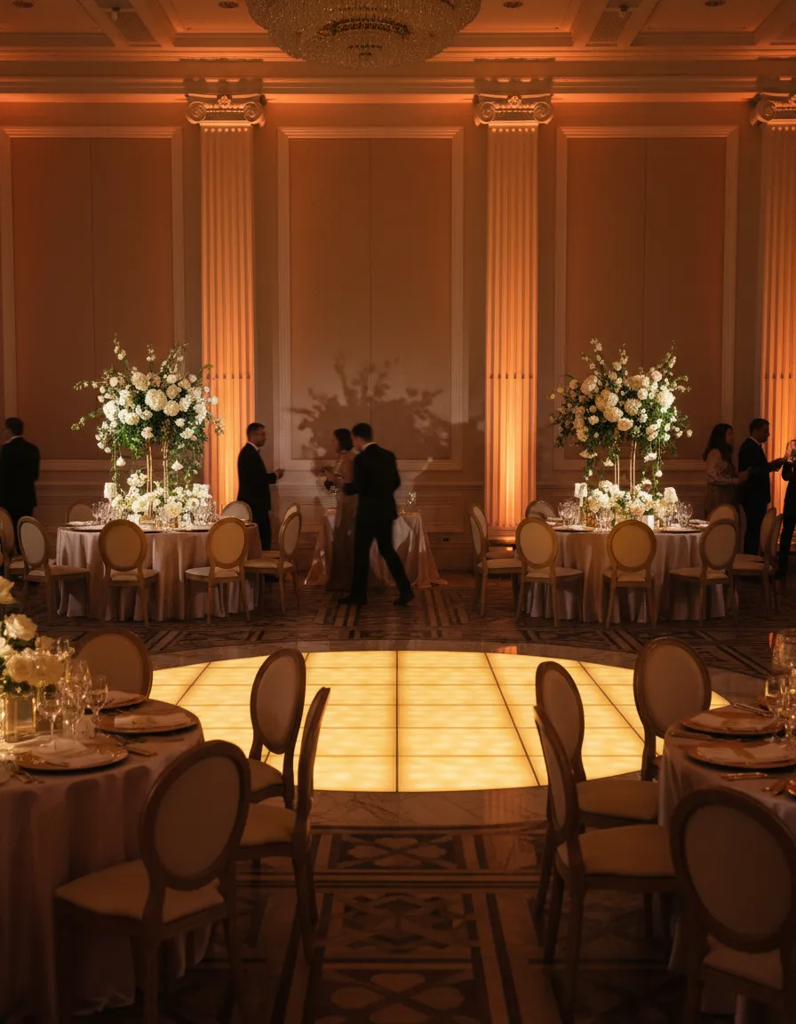 Elegant wedding reception ballroom with custom warm lighting design