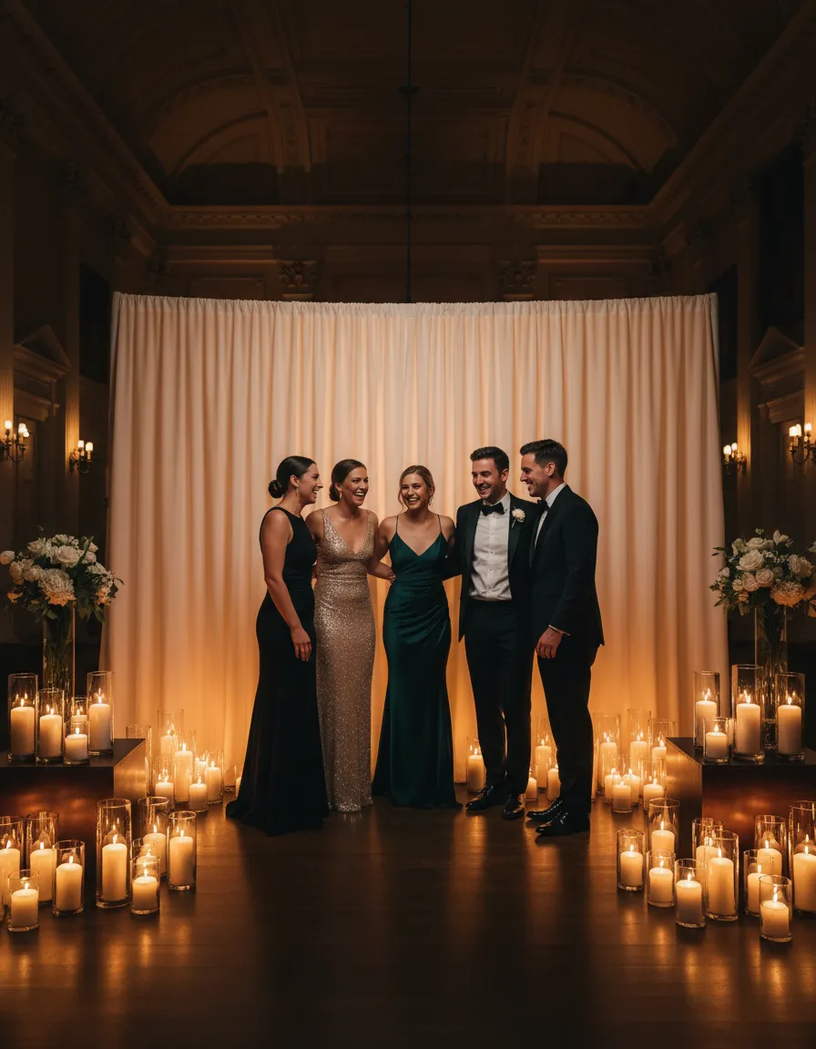 Elegant wedding reception photo booth with warm lighting and guests posing.