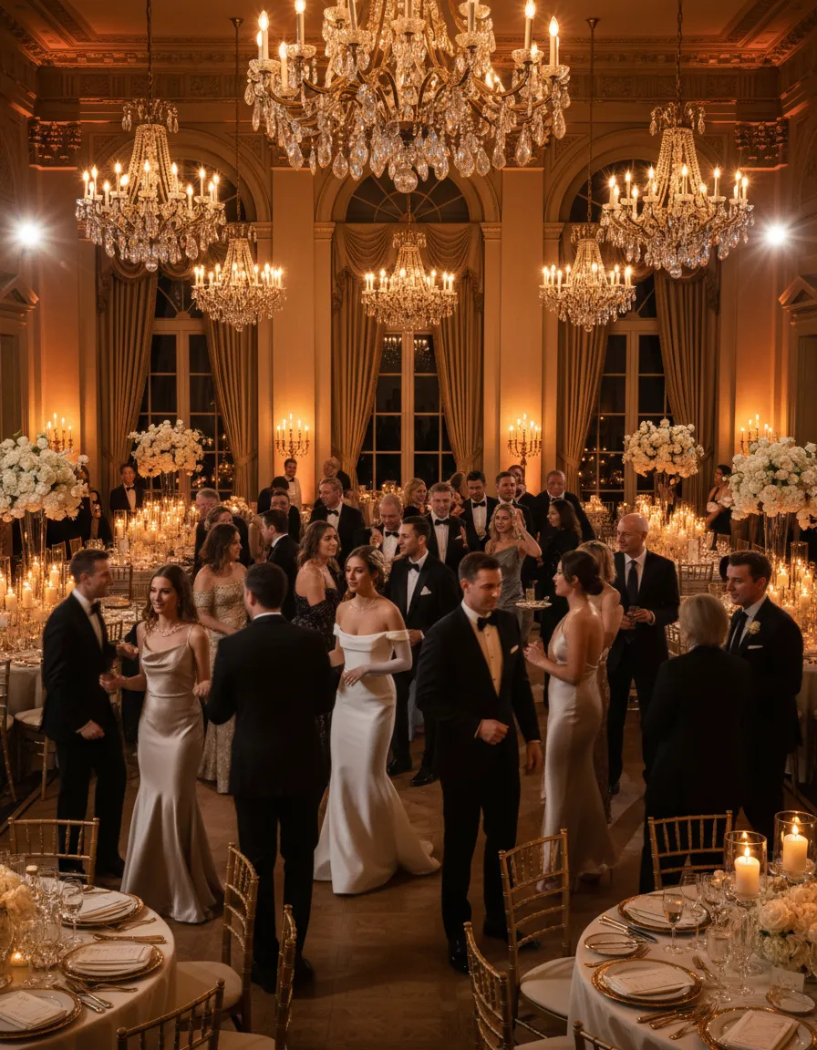 Elegant wedding reception with packed dance floor and warm lighting