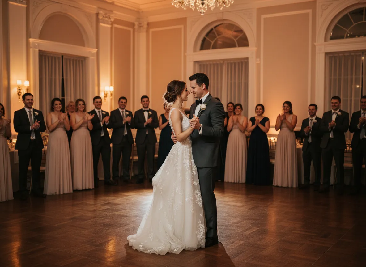 Bride and groom first dance at a Marietta Georgia wedding with guests watching