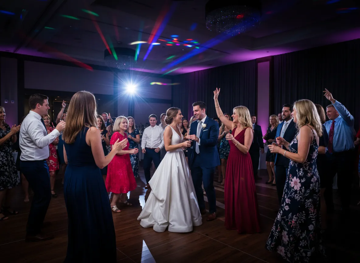 Wedding party dancing at an Atlanta Georgia reception with DJ lights