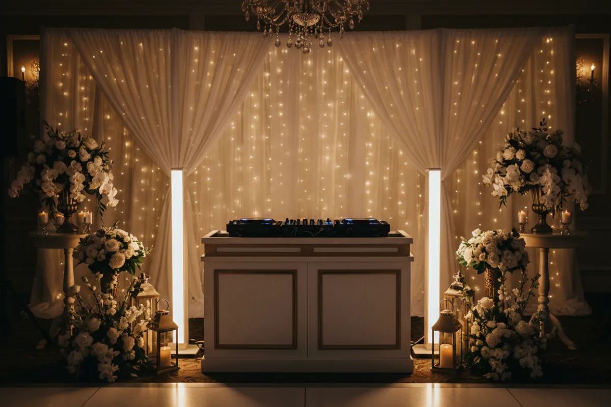 Luxury wedding DJ guiding an elegant reception with a full dance floor