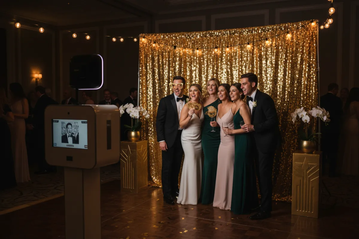 Guests posing at an elegant wedding photo booth with modern LED lighting