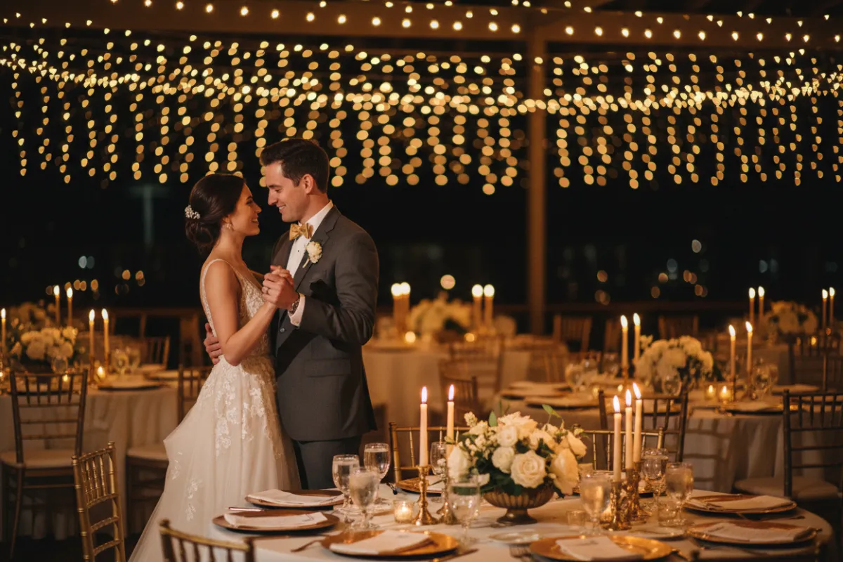 Elegant wedding reception with packed dance floor and warm ambient lighting