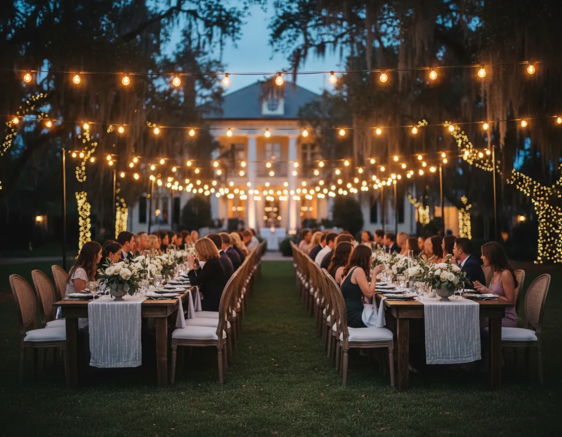 Outdoor market lighting over elegant wedding reception seating
