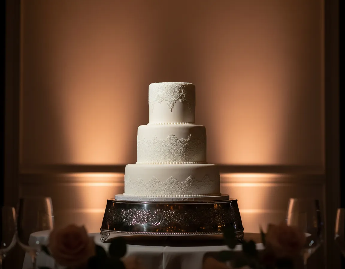 Detail of pinspotted wedding cake with warm background uplighting