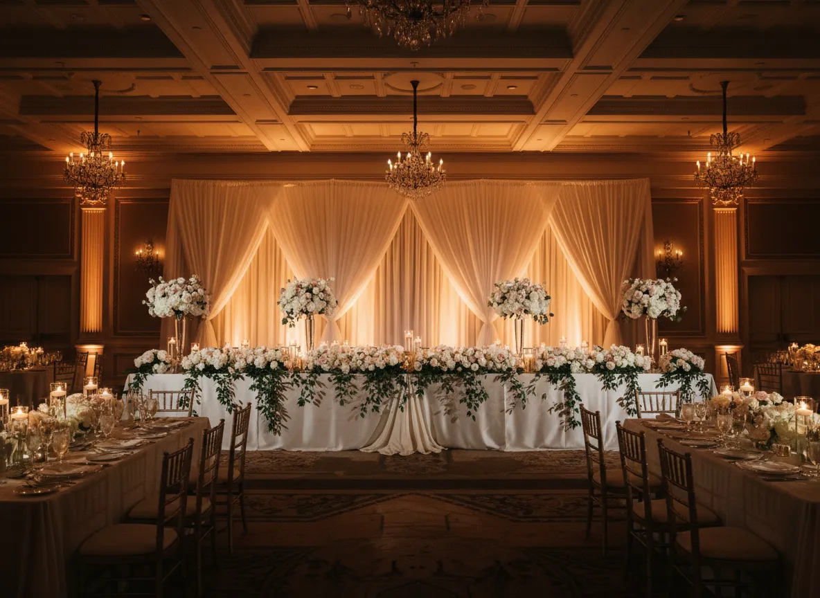 Slide 1 of 3: Wedding head table and reception room with layered custom lighting design