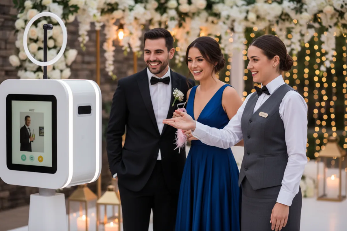 Photo booth attendant assisting guests at a wedding reception, ensuring smooth operation and guest enjoyment.