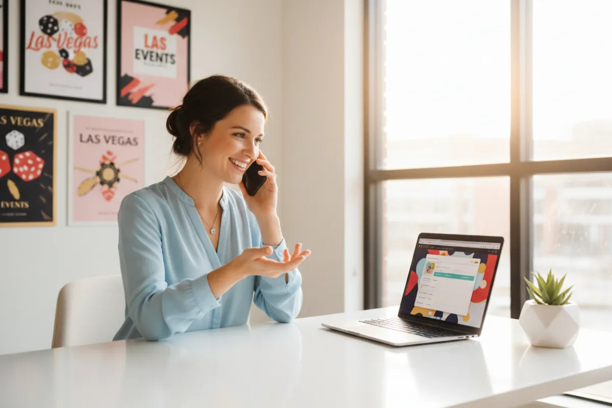 A smiling event planner on the phone, reviewing a booking form at a modern desk with Las Vegas event flyers in the background.