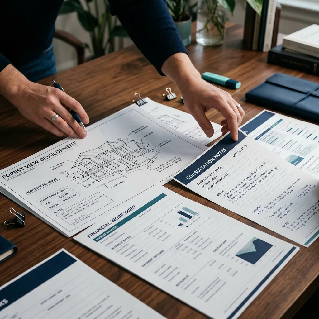 Close-up of mortgage planning blueprints, financial worksheets, and consultation notes on an architectural wooden desk