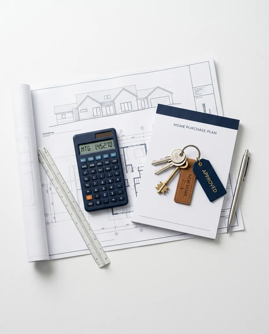 Clean organized desk with architectural blueprints, mortgage calculator, and new home keys
