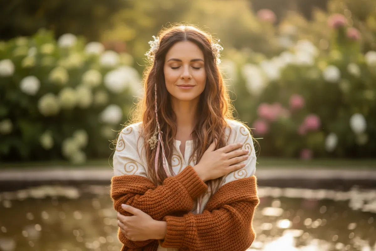 Two women in warm plum and soft gold tones, intimate coaching session, soft natural lighting