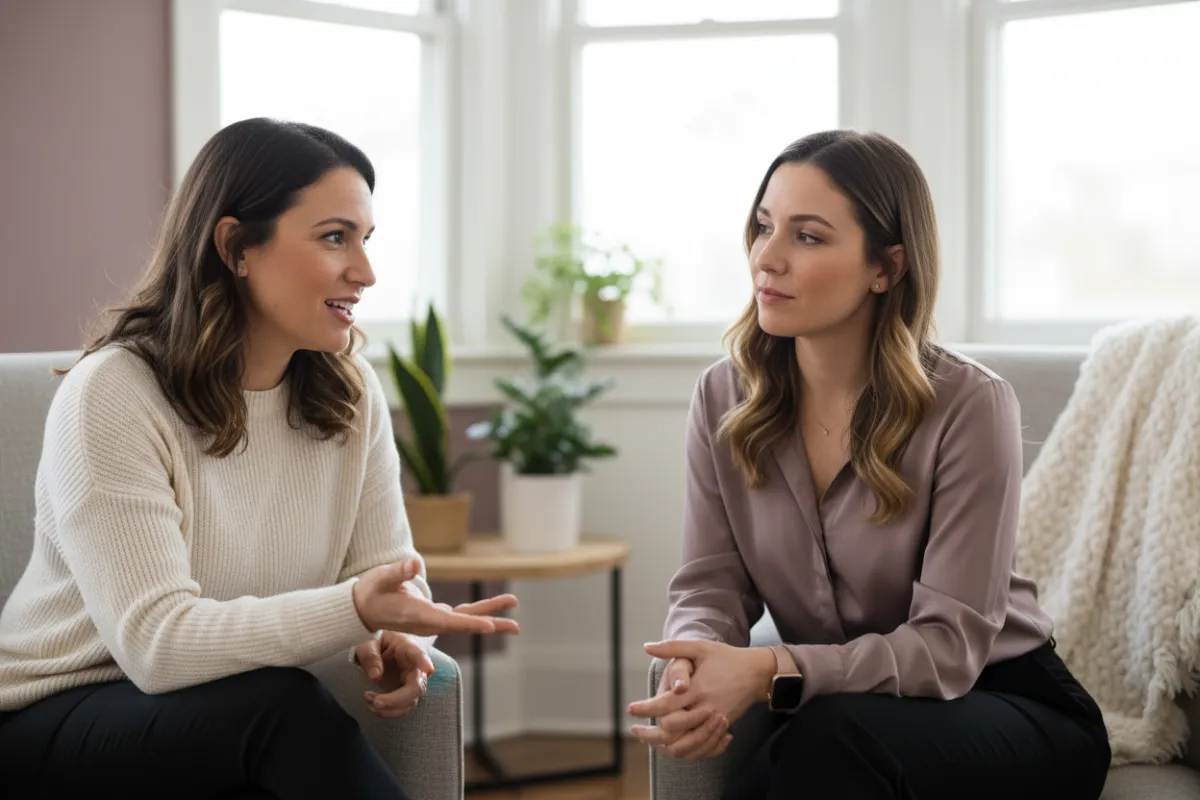 One-on-one coaching session between two adult women (coach and client), warm candid supportive moment, soft warm lighting, close-to-medium framing, professional and uplifting tone
