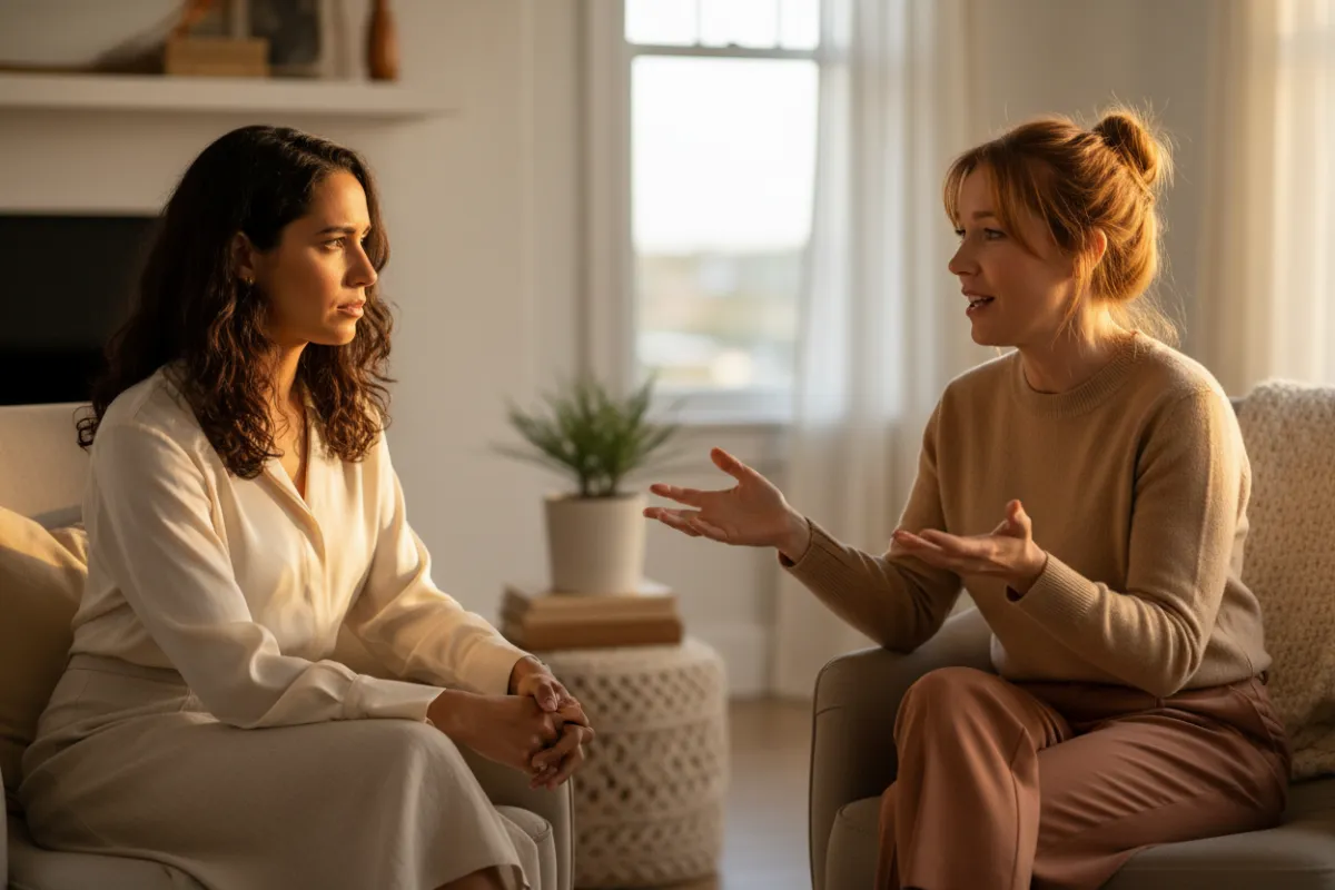 Warm, intimate coaching moment between two adult women of diverse backgrounds in golden light, conversational note-taking.