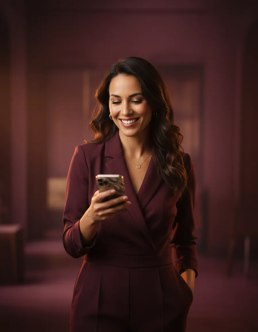 Woman smiling confidently while checking her phone, dating differently